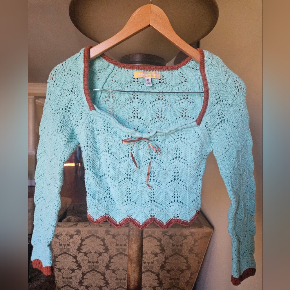 NWOT Urban Outfitters Aqua Open-Knit Sweater with Brown Trim - Picture 4 of 17